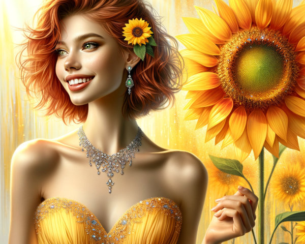 Vibrant Scene of a Woman in Yellow Gown with Sunflowers