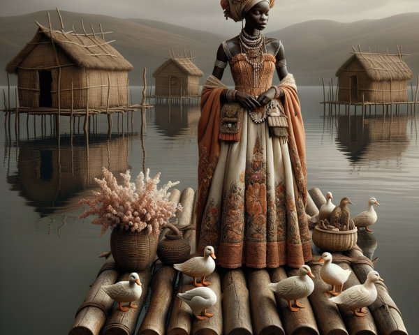 Regal Figure in Vibrant Gown on Calm Waters Raft