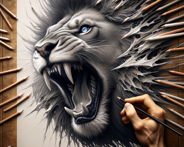 Hyperrealistic Graphite Drawing of a Roaring Lion