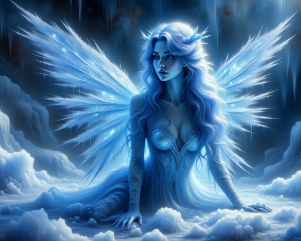 Ice-Themed Fairy in a Snowy Landscape Setting