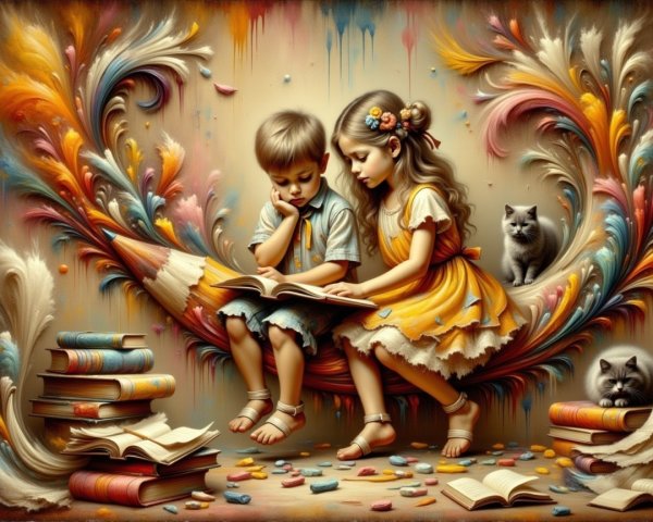 Children on Oversized Pencil in Whimsical Scene