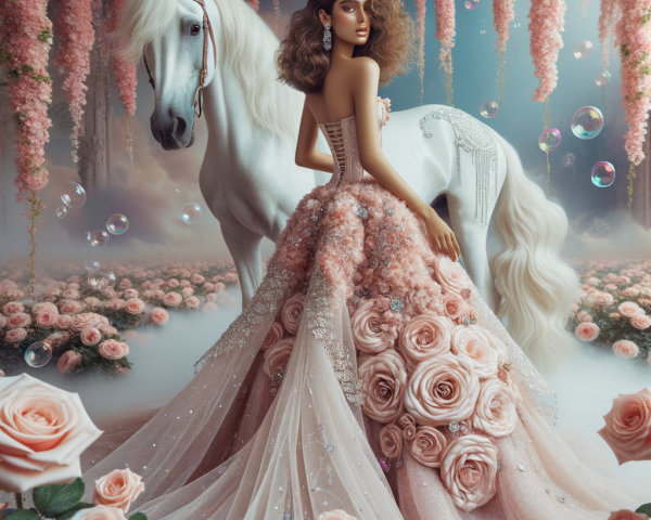 Woman in Lavish Gown with White Horse and Flowers