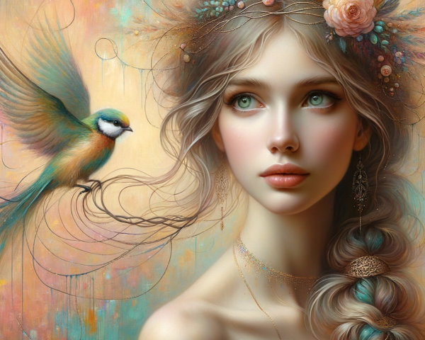 Mystical Portrait of a Young Woman with Flowers and Bird