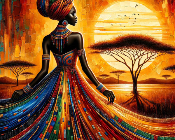 Silhouette of a Woman in Colorful Dress at Sunset