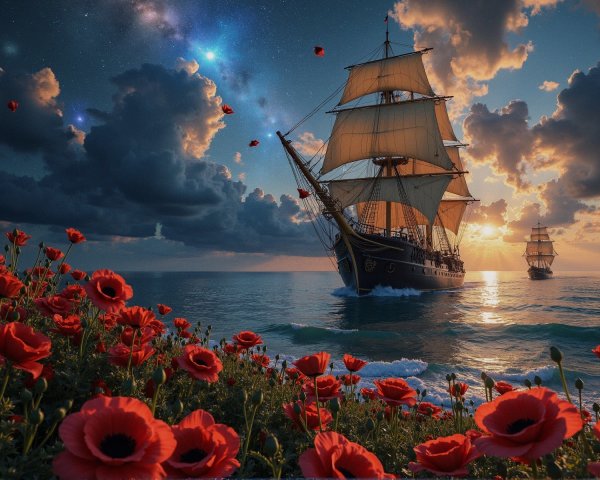 Tall Ship Sailing at Sunset with Poppies and Stars