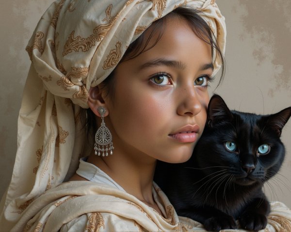 Portrait of a girl with a cat and patterned headscarf