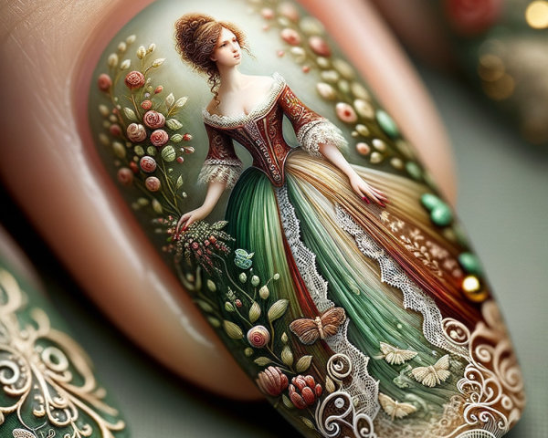 Elegant Nail Art with Floral Gown and Whimsical Details