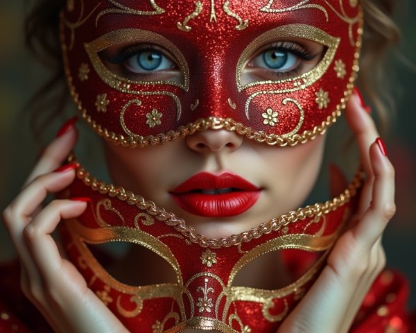 Close-Up of Woman with Ornate Red and Gold Mask