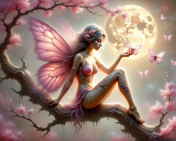 Delicate fairy with pink wings on a blossoming branch