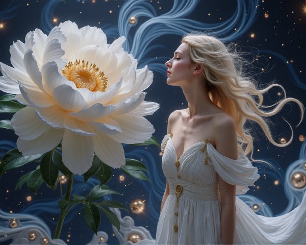 Ethereal Scene of Woman with Luminous White Peony