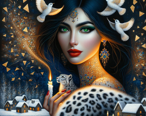 Beautiful woman in winter landscape with doves and candle