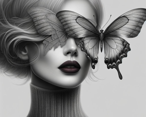 Monochrome Portrait of Woman with Butterflies