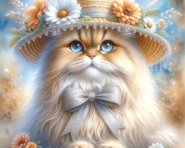 Fluffy Cat in Straw Hat with Colorful Flowers
