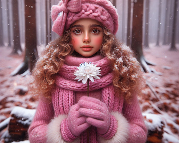 Young girl in snowy forest with pink sweater and flower