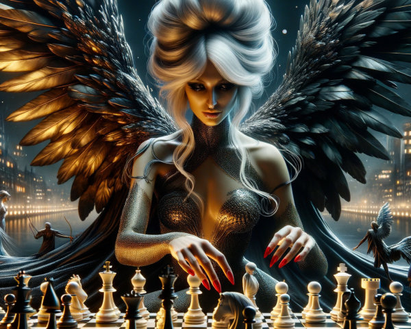 Mystical Figure Playing Chess in Enchanting Setting