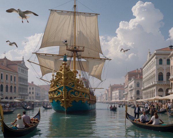 Tall Ship Sailing in Venice Canal with Gondolas
