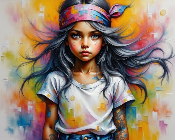 Young girl with tattoos and colorful background