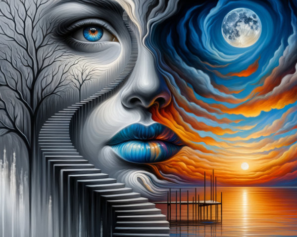 Surreal Artwork of Woman's Face and Ethereal Landscape