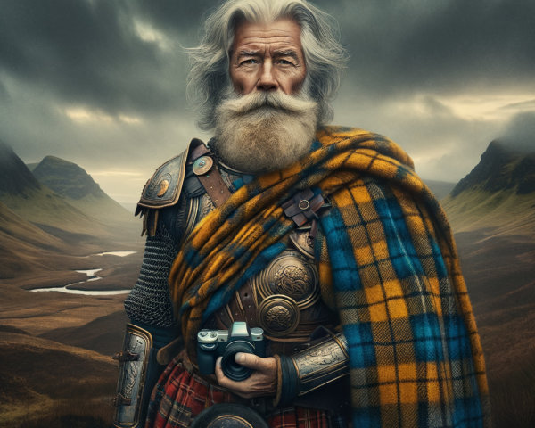 Rugged warrior in armor with vintage camera in landscape