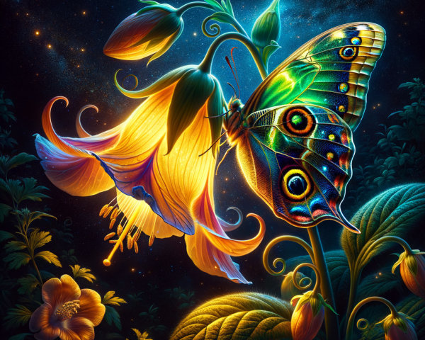 Colorful Butterfly on Luminous Flower in Starry Scene
