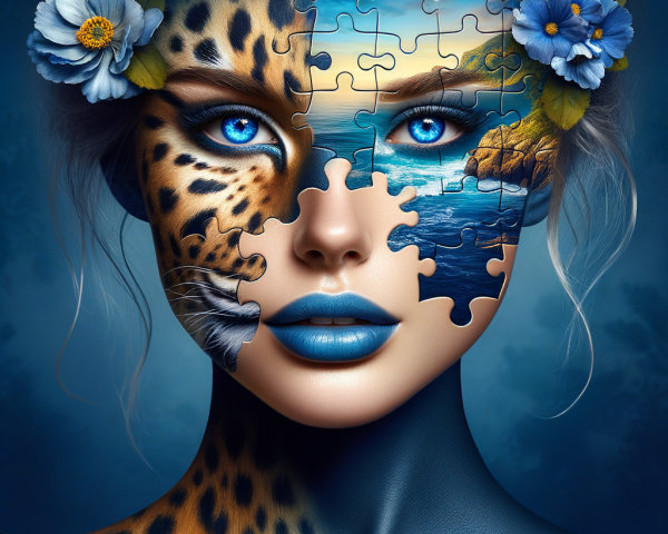 Vibrant Blue Face with Leopard Patterns and Ocean Scene