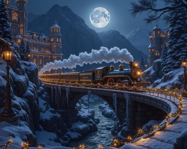 Vintage steam train on a stone bridge at night