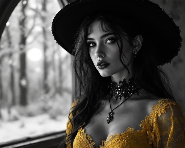 Portrait of a woman in yellow lace dress and hat