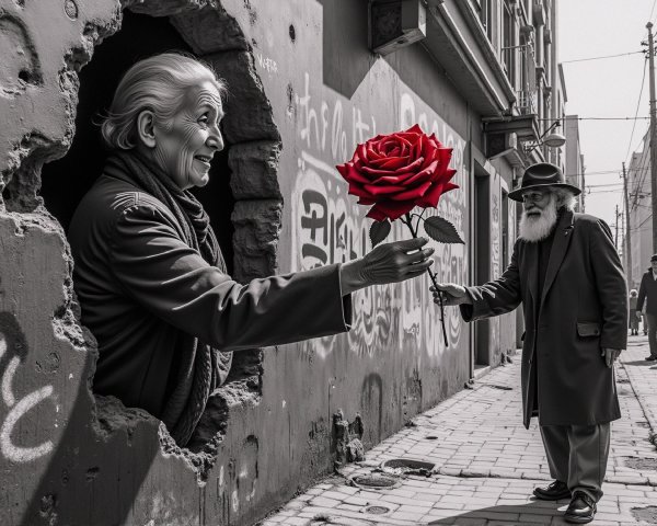 Urban Scene of Hope with Red Rose and Graffiti