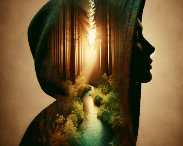 Silhouette of a hooded figure in a forest setting