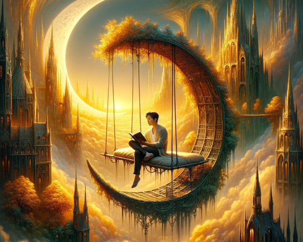 Young man reading on a crescent moon swing in clouds