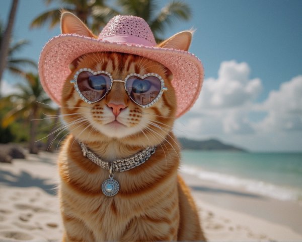 Ginger Cat in Pink Hat and Sunglasses at Beach