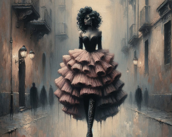 Elegant figure in pink gown on misty street