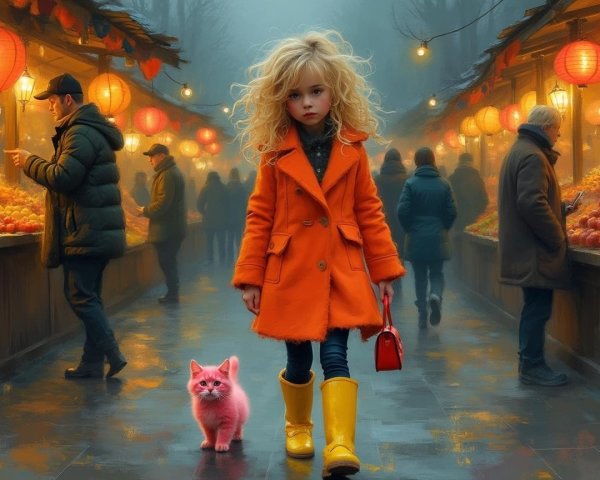 Young girl in orange coat at lively market scene