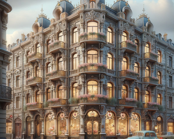 Ornate Building with Balconies and Vintage Car
