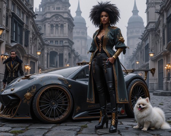 Stylish Woman with Dog Beside Intricate Car in Foggy City