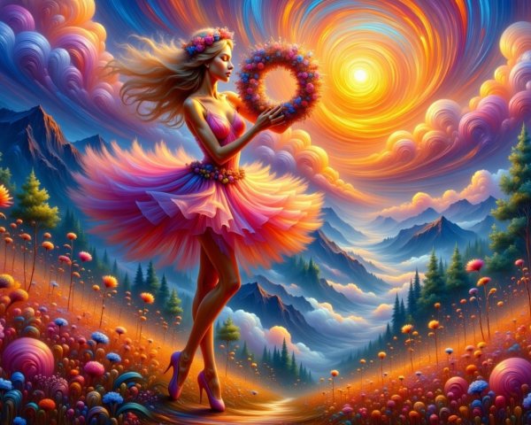Whimsical Landscape with Figure in Pink Dress
