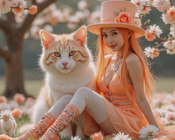 Young woman in orange outfit with fluffy orange cat