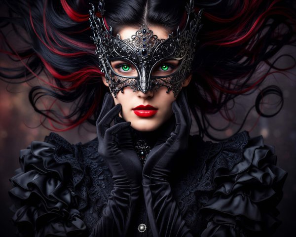 Gothic Woman in Black Masquerade Attire and Mask