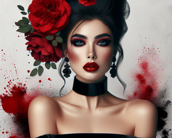 Digital Portrait of Woman with Roses and Bold Makeup