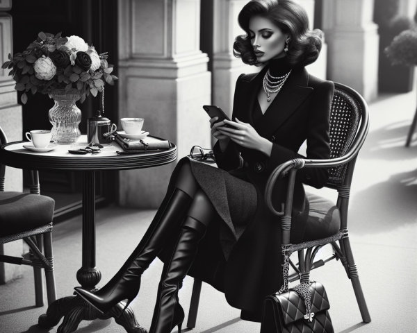 Chic Woman in Elegant Café Setting with Smartphone