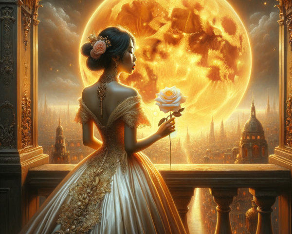 Woman in gown on balcony with glowing moon and city