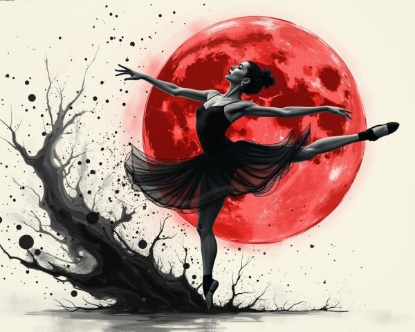 Ballerina Dancing Silhouette Against Crimson Moon