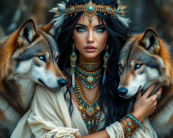 Woman in Light Garment with Wolves in Mystical Setting