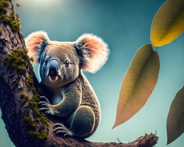 Koala Clinging to Tree Branch with Green Leaves
