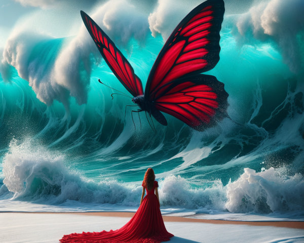 Woman in Red Gown on Beach with Butterfly and Waves