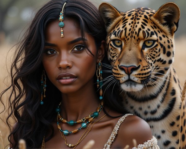 Portrait of a Woman with Leopard in Natural Setting