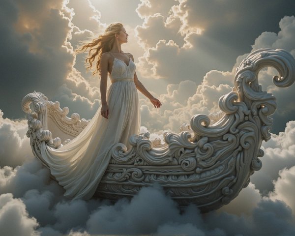 Woman in White Gown on Ornate Boat in Serene Setting