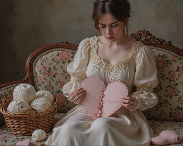 Young woman sewing on vintage floral sofa with yarn