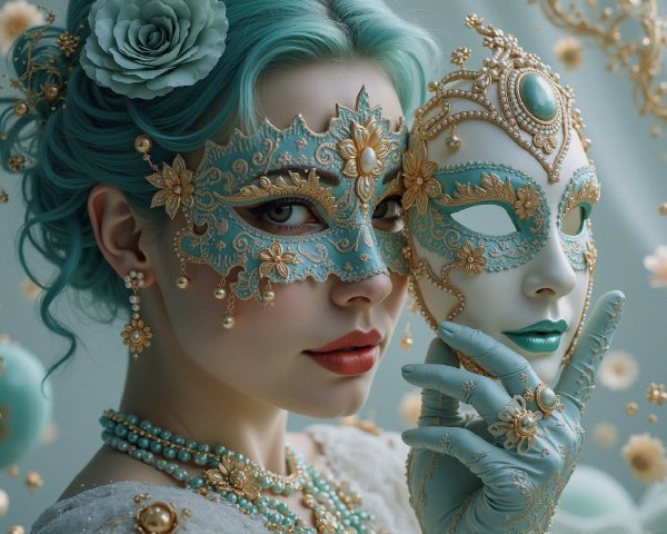 Woman with Blue Hair and Ornate Turquoise Mask