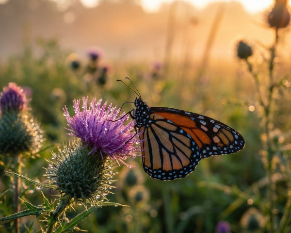 Monarch Butterfly on Purple Thistle Flower Close-Up